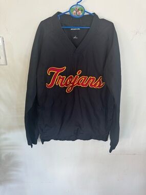 Sport-Tek Black V-Neck Trojans Pullover Sweater with Red and Gold Script